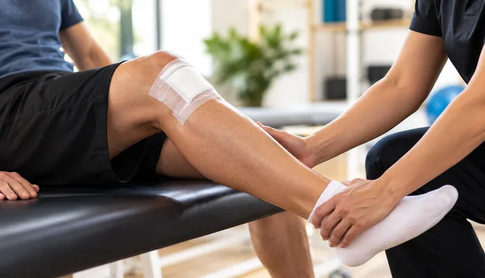 Physiotherapist assessing a patient during post-surgical rehabilitation