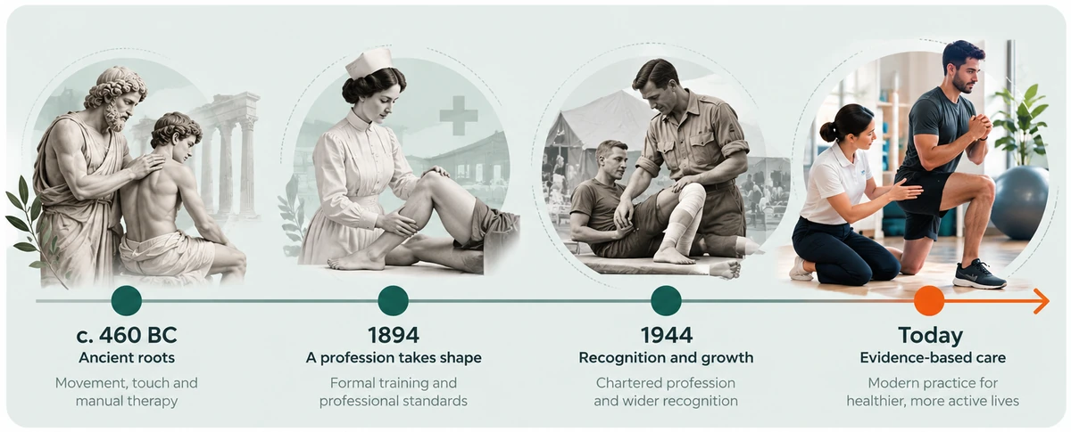 Timeline of physiotherapy from around 460 BC through 1894 and 1944 to evidence-based care today