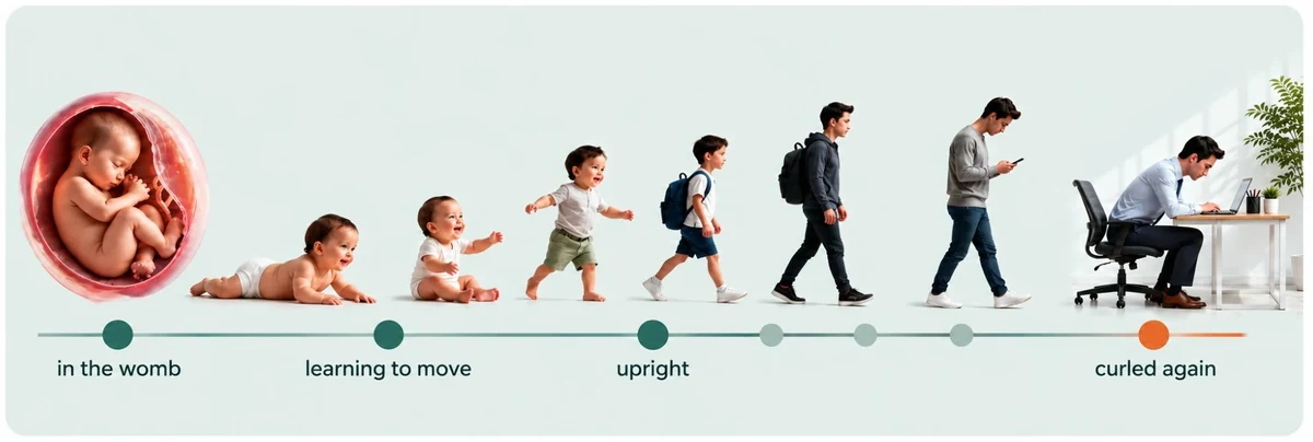 A lifetime of movement, from the womb through learning to move and standing upright to sitting curled at a desk