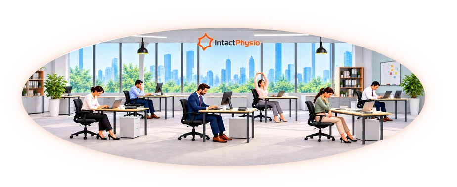 An open-plan office: people working at desks, one stretching at her chair