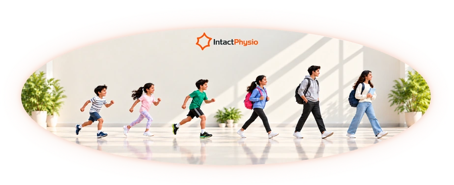 Younger children running and teenagers walking to school