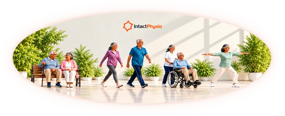 Older adults sitting together, walking, using a wheelchair and exercising