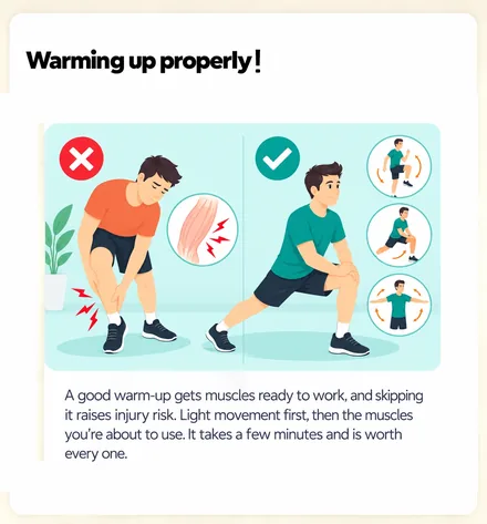 Warming up properly! &mdash; light movement first, then the muscles you&rsquo;re about to use
