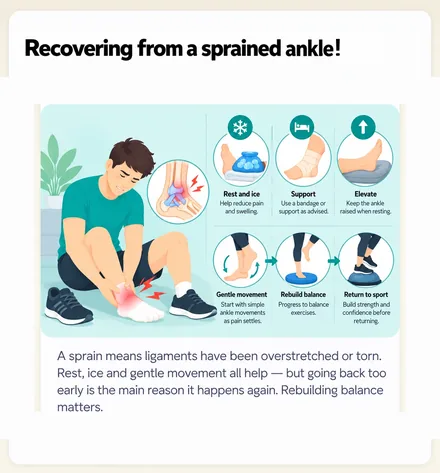 Recovering from a sprained ankle! &mdash; rest, ice and gentle movement, then rebuilding balance before returning