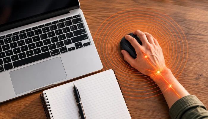 Desk worker experiencing wrist and hand discomfort while using a computer mouse